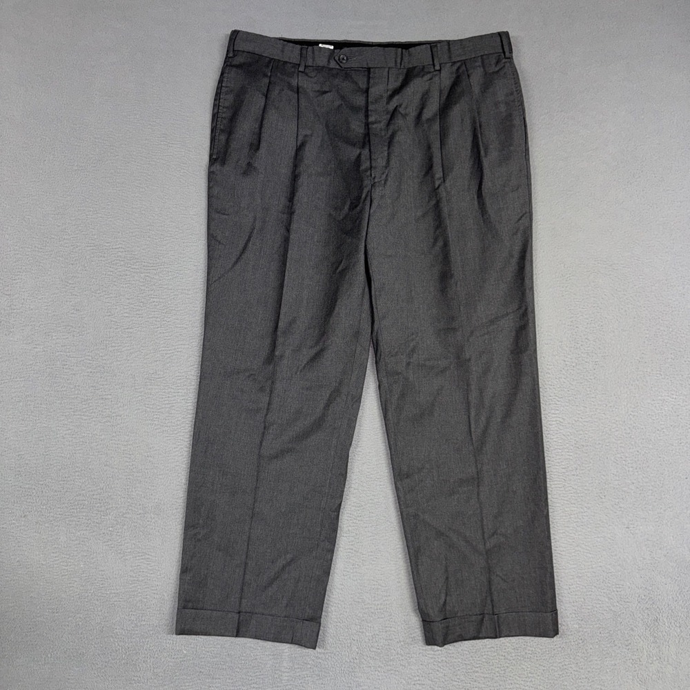 Jos A Bank Pants Mens 40x30 Gray Straight Pleated Cuffed Wool Trousers Dress